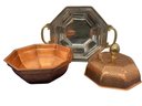 Copper And Brass Covered Serving Dish With Lower Pan For Chilling