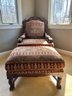 Antique Jacobean Style Oversized Tapestry Arm Chair & Ottoman With Carved Mahogany Base