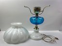 Vintage Milk Glass And Blue Blown Glass Table Lamp