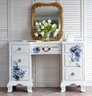 Vintage Four Drawer Desk With Crystal Knobs, Upholstered Cane Back Chair And Mirror (paint Project)