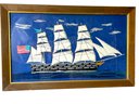 Framed Needle Work / Fabric Artwork Of An American Sailing  Ship.