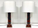 A Pair Of Modern Wood And Lacquer Deco Inspired Table Lamps