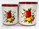 Set O 2  1950's Deco Ware Fruit & Flowers Enameled Tin Kitchen Canisters ( Read Description)