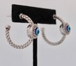 Sterling Silver, Real Natural Diamonds & Art Glass Evil Eye Woven Design Hoop Earrings