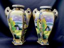 Pair Of Miyako Nippon Hand-painted Vases