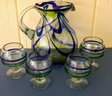Swirled Multicolor Art Glass Pitcher And 4 Wine Glasses