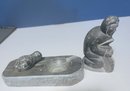 Inuit Soapstone Carvings - Ashtray With Turtle Signed Dimu And Snowman Signed .