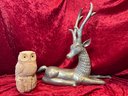 Forest Friends Pond & Garden Decor, Stone Owl By Earthy Creations 8x4in And A Metal/pewter Stag 19x204.5in.