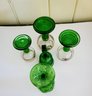 Green Vintage Glass Paired With Three Vintage German Handpainted