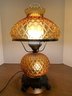 Vintage Quilted Beaded Amber Glass Electric Hurricane 3 Way Lamp Tested & Working