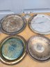 Lot Of Silver-plate Serving Trays, Silver Metal Candle Holder, And Antique Green Depression Glass Plate