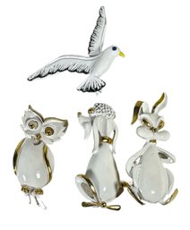 Lot Four Vintage Costume White On Gold Tone Animal Brooches Owl, Dog, Bunny, Seagull
