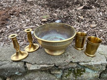 Brass And Gold Tone Metal Lot Of (5) Pieces (English Candlesticks, Etched Bowl, Tumblers)