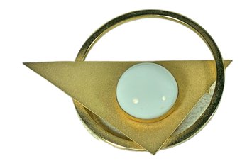 1980s Signed Designer Geometric Brooch Having White Glass Stone