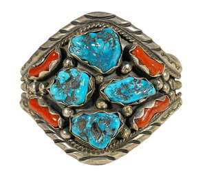 Vintage Sterling Silver Signed Native American Coral And Turquoise Large Bracelet Cuff