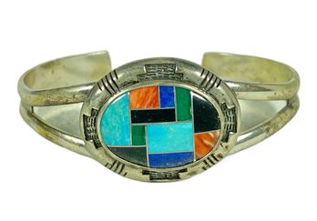 Fine Sterling Silver Native American Indian Inlaid Stone Cuff Bracelet Sgned