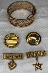 Vintage Gold Tone Jewelry Lot: Bergere Bangle Bracelet, 4 1980s Lia Brooches, Military, Patriotic, Heart, Star