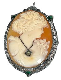 Fine Antique Sterling Silver Filigree Carved Shell Cameo Brooch Set With Stones