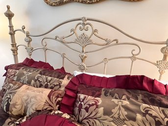 Queen Size Wrought Iron Bed, Antiqued White, Scrolls, With Gilt Overlay