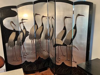 Japanese Wood Hand Painted Cranes Room Divider, With Carved Reverse Side,