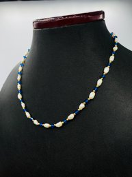 Single Strand Fresh Water Pearl Necklace W/ 14k Gold Beads & Blue Accent Glass