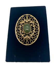 Vintage Gold Tone Metal And Genuine Green Stone Brooch Pendant