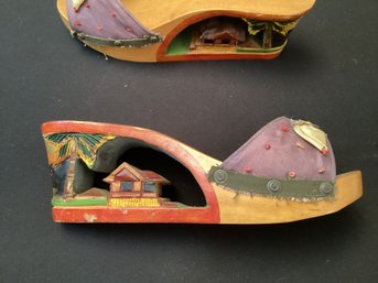 Vintage Wood Shoes With Carved Heel And Embroidered Top