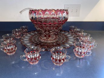 Magnificent Vintage Punch Bowl On Pedestal And Platter. Clear And Cranberry Glass. All Pieces In Perfect Cond.