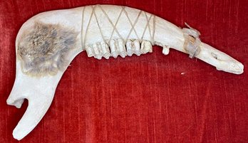 Bovine Cow Cattle Jaw Bone Wall Hanger Decor - Plain With Some Attached Fur- Hide Straps - Ready To Decorate
