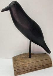 Vintage Carved Black Wooden Shore Decoy Bird On Stand With Glass Eyes - Unsigned