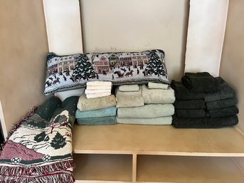 Sage Green, Beige Towels, With X-mas Blanket, And Pillow