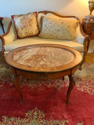 Vintage Oval Wood With Marble Insert Coffee Table & Brass Details