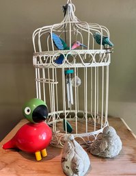 Hanging Vintage Metal Bird Cage With Bird Assortment