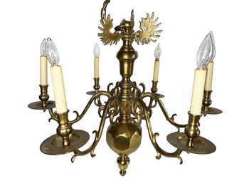 Bronze Chandelier, With 6 Lights , Scrolled Candle Branches With Drip Pans And Turned Nozzles