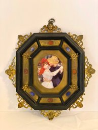 Antique Octoganol Inlaid Brass And Wood Frame