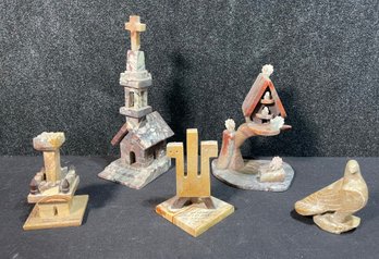 Five Beautiful Chilean Soapstone Carvings Including Birdhouse, Churches And Bird