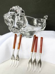 Glass LION Cracker Holder & 5 Appetizer Forks
