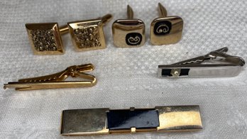 Vintage Lot: Swank Cuff Links & Tie Clip, Shield Tie Clip, Anson Tie Clip, Gold Tone & Black Cuff Links