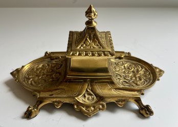 Vintage Ornate Lion Claw Footed Brass Inkwell Pen Stand