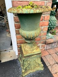 Matching Pair Of Cast Iron Planters In Verde Green With Succulents In Them