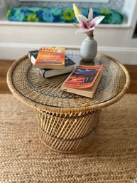 Round Woven Rattan Wicker Drum Side Table - Circa 1970s