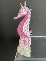 ADORABLE! HEREND 'SMALL SEAHORSE' FIGURINE PERCHED ON SEASHELL- RASPBERRY -Always Kept In Curio-mint