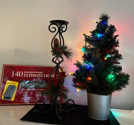 Metal Pillar Style Decorated Candle Holder, Mini Lighted Tree And Box Of Lights