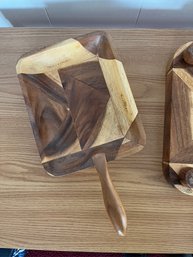 Geometric Wooden Cutting Board Made Of Different Kinds Of Wood With Serving Pan