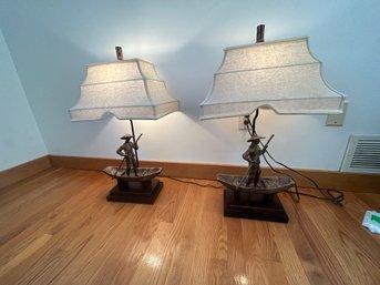 Vintage Lamp Of Figure On Canoe Pair