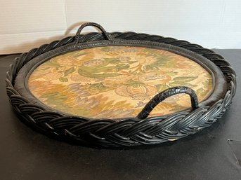 Round Black Wicker Tray With Fabric Covered Tray And 2 Handles