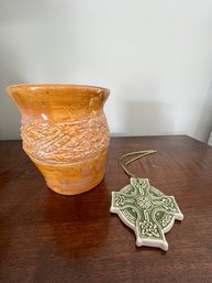 Wheel Turned Ceramic Pottery Vase, With Crucifix Made In Scotland