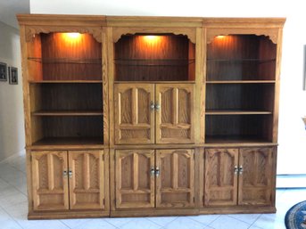 3 Piece Lighted Oak Cabinet Bookcase, Possibly Thomasville