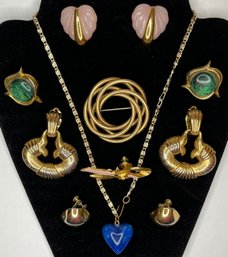 Vintage Chunky Jewelry 1980s - Pink Heart - Green Stone - Napier - Earrings - Brooch - Blue Heart - Chain