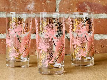 Lot Of Three 1960s Midcentury High Ball Glasses - PINK GOLD On Trend Colors Hard To Find